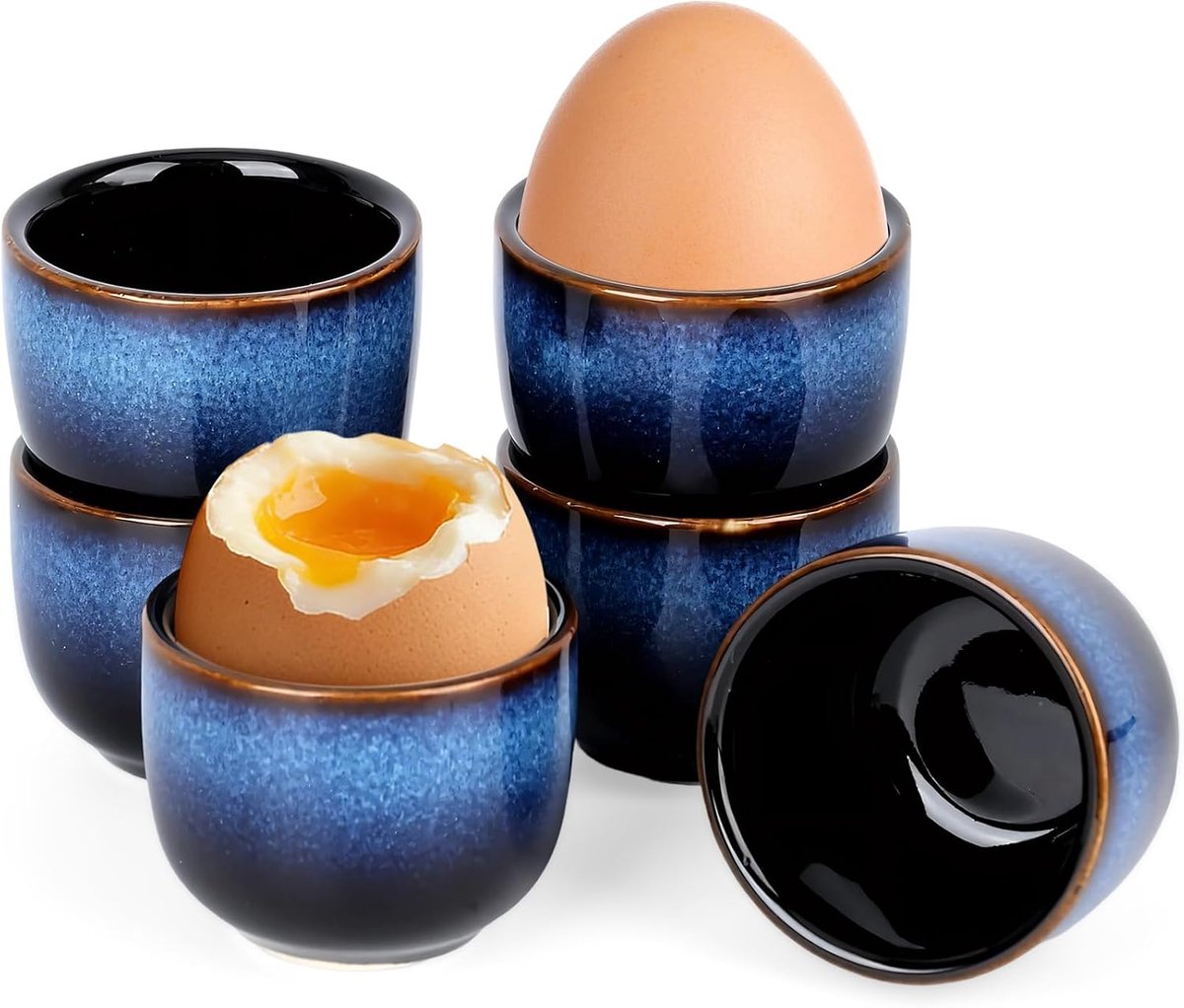 Set van 6 eierdopjes van porselein, vintage, blauw, handgebrand, met gepolijst geëmailleerd oppervlak, vaatwasmachinebestendig voor ontbijt, brunch en diner