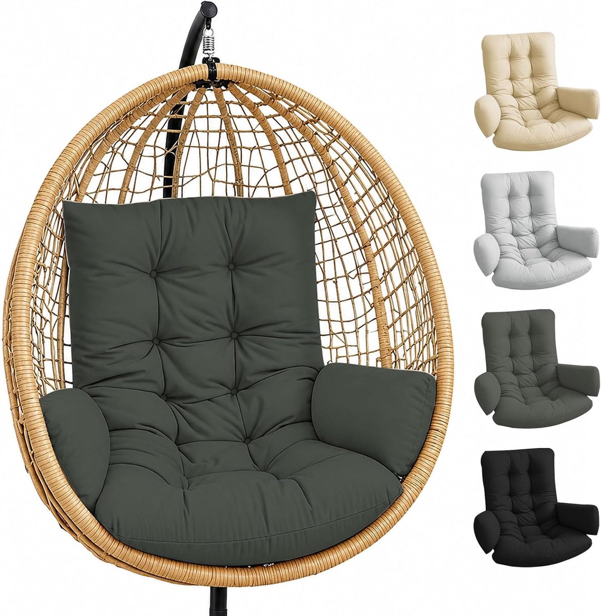 gevoerd kussen voor hangstoel, outdoor, waterdicht kussen voor hangstoel, tuin en terras (donkergrijs)