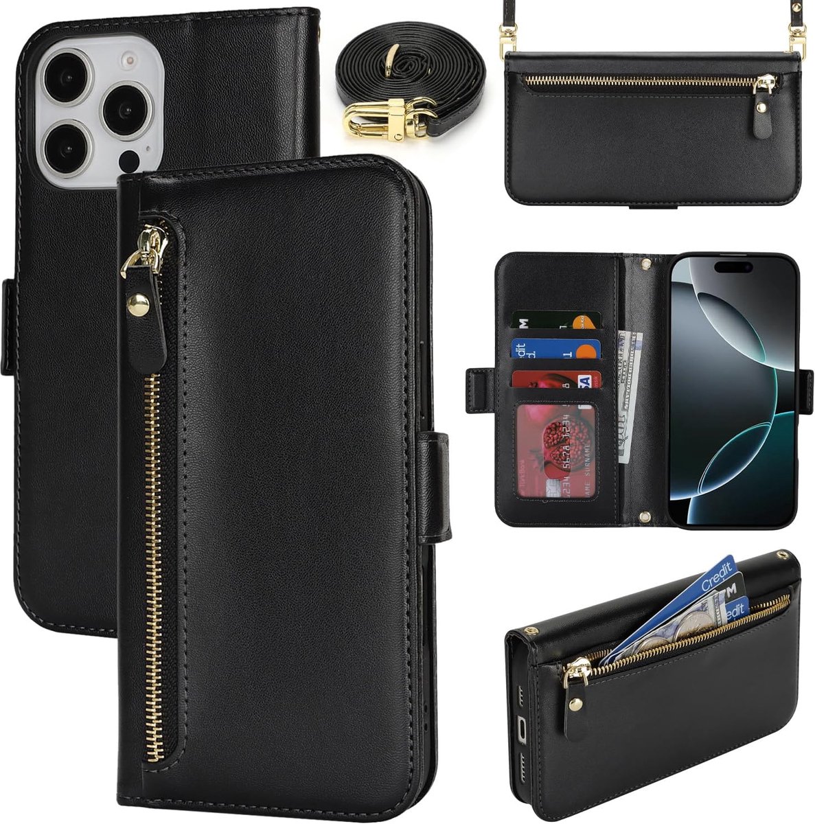 Hoes voor mobiele telefoon voor iPhone 16 Pro met praktische band en kaartenvak, stijlvolle klaphoes met telefoonketting, van hoogwaardig leer, zwart