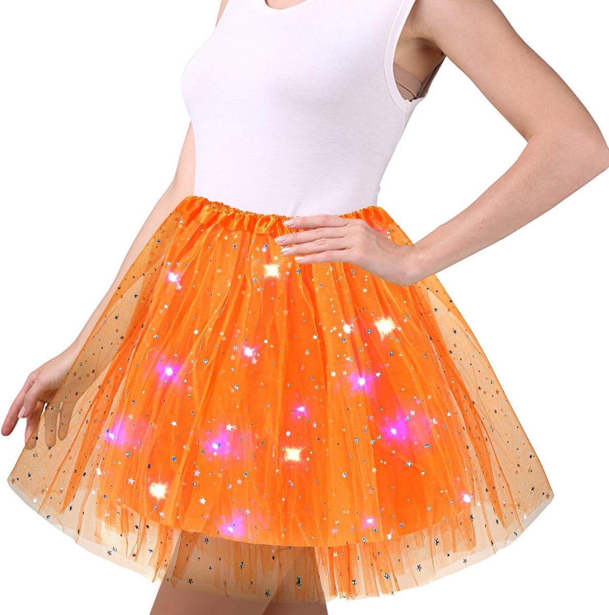 Tule rok voor dames, sterren, pailletten, dansjurk, stretchy minirok met ledverlichting, 45 cm, balletrok voor volwassenen, carnaval, Halloween, party, balletjurk voor tieners
