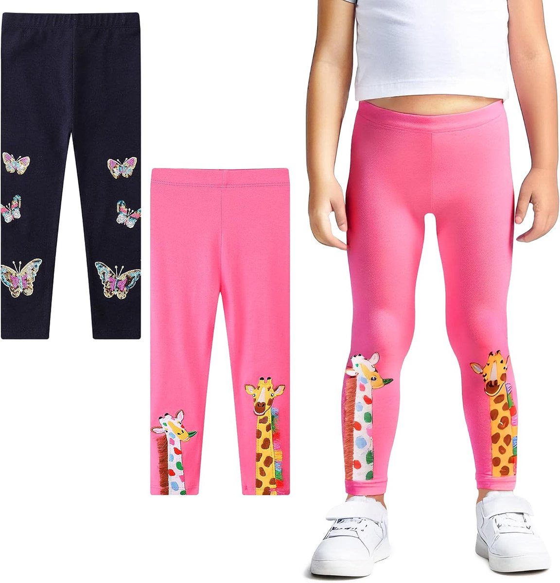Leggings Meisjes Kinder Katoenen Stretch Broek 2-Pack Printed Pailletten Legging Lengte Broek Veelkleurig Appliqued Gym Broek Casual School Lente Herfst Activewear Voor Kinderen Maat 92-122