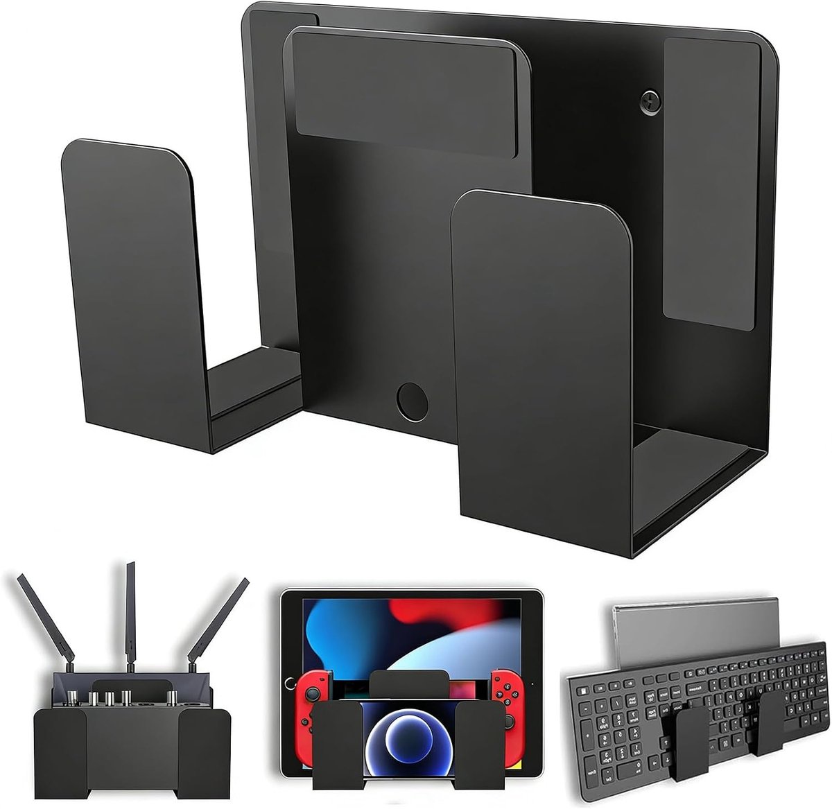 Wandhouder voor PS5, tablet, laptop, toetsenbord enz., 2-laags design, universeel wandrek van metaal voor 2 apparaten, dikte < 4 cm