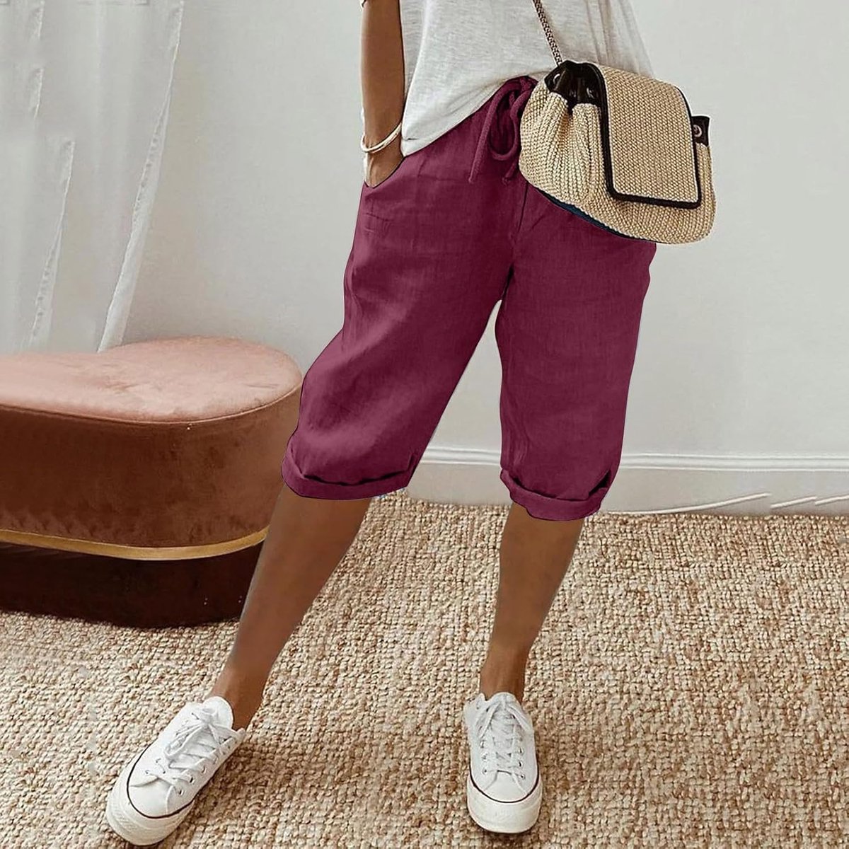Linen damesbroek, zomer, knie lang, korte broek, licht en luchtig, hoge taille, elastisch, effen, strandbroek, casual.