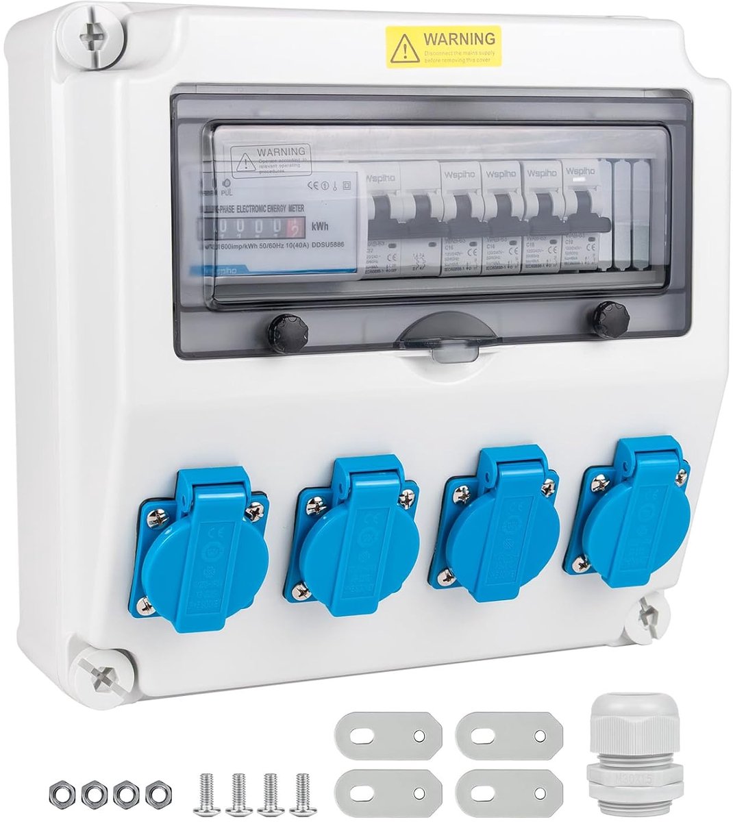 Bouwstroomverdeler met teller, 40 A, 230 V, bouwstroomverdeler 16 A met stroomonderbreker, wandverdeler met CEE-stopcontact, 16 A voor buiten, bouwstroom (1 x 32 A 2P LS+4 x 16 A 1P LS+