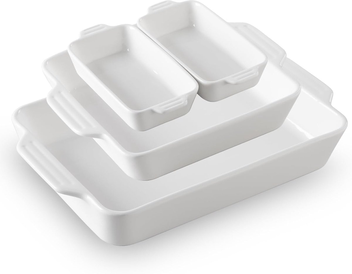 Home Keramisch Bakset van 4, Ovenschotels, Rechthoekige Ovenschotel met Handvatten, Diepe Lasagnebakken voor Koken, Gratin, Roosteren, Banket en Dagelijks Gebruik (Wit)