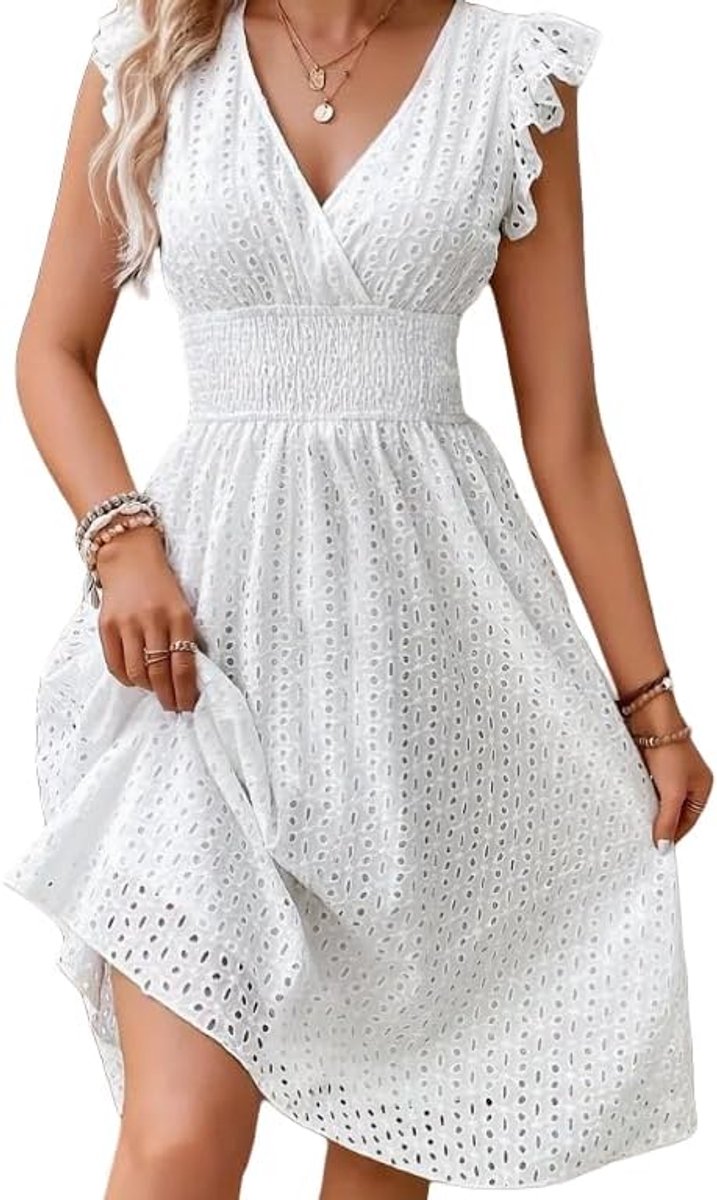 Zomerjurk voor dames, boho-jurk, V-hals, uitgesneden, schattige ruches aan de mouwen, vloeiende jurk, sexy tuniek, strandfeest, zonnejurk
