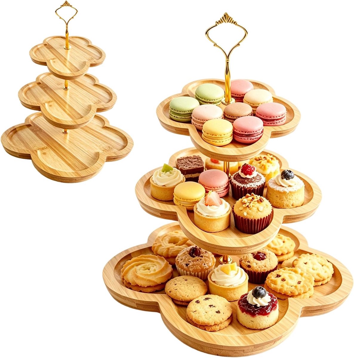 Etagere met 3 etages van hout, bloemenvorm, cupcakestandaard en taartstandaard van bamboe voor fruit, dessert en snacks, serveerstandaard voor bruiloft, feest, keuken en tafeldecoratie, stabiel en