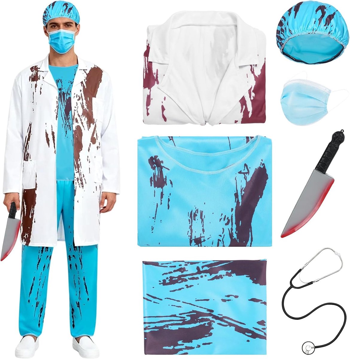 Dokterskostuum voor heren, Halloweenkostuum, zombiedokterskostuum, horrorchirurg set, voor Halloween en carnaval