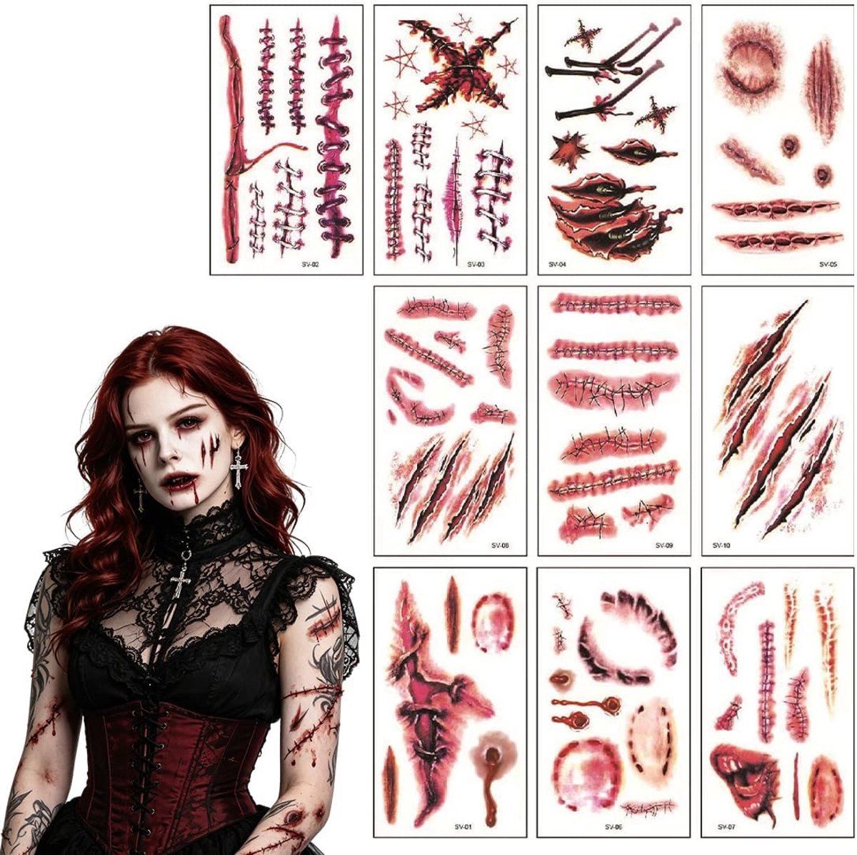Tijdelijke tatoeage Halloween Zombie littekens Tatoeage wond horror realistische stickers, speciale kostuummake-up voor volwassen vrouwelijke kind