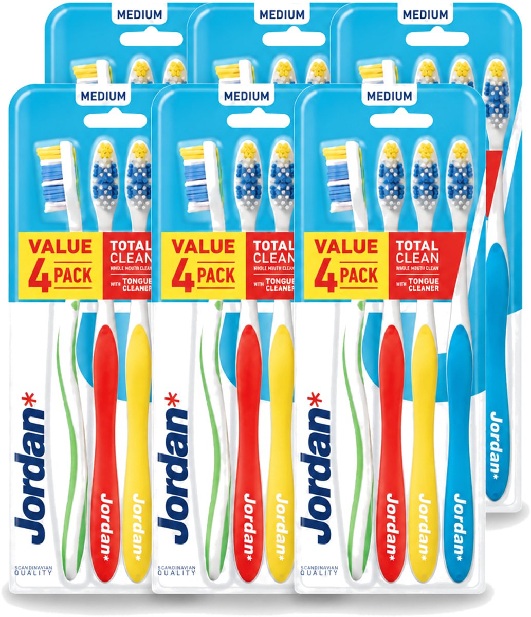 6 x Jordan - Total Clean - Tandenborstels Medium - 4 Tandenborstels - Voordeelverpakking - 6 stuks