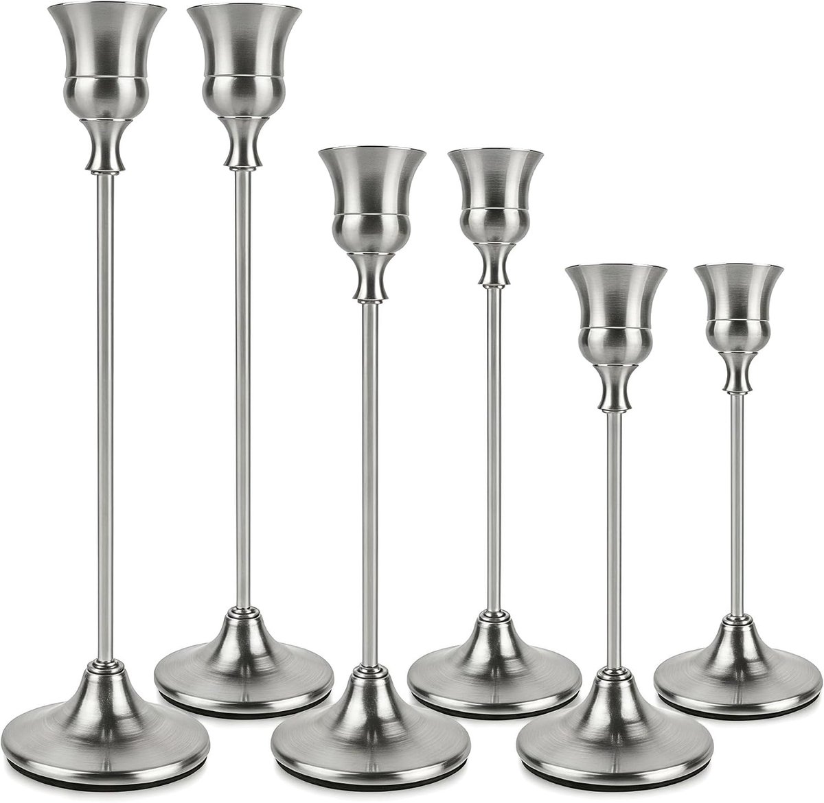 Set van 6 kandelaars zilver, elegante kandelaars van metaal, romantische tafeldecoratie, kaarsenhouder voor bruiloft, verjaardag, jubileum en woonkamer, woondecoratie