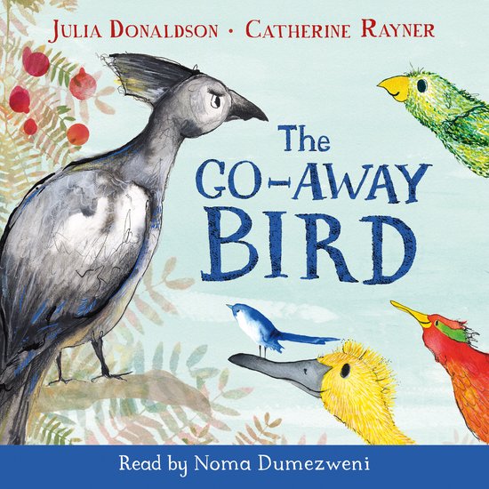 Boek "The Go-Away Bird" met illustraties van Julia Donaldson en Catherine Rayner, met vier kleurrijke vogels op een lichtblauwe achtergrond.