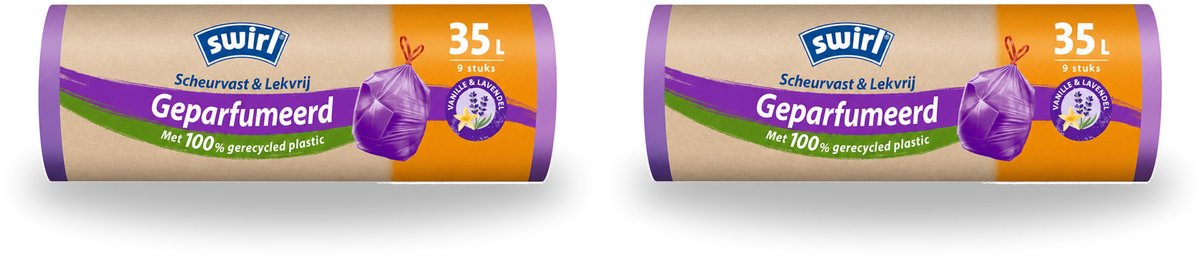 2 x Swirl – Pedaalemmerzakken – Trekband Geparfumeerd Vanille & Lavendel – 35 L – 9 zakken - Bulkverpakking - 2 stuks