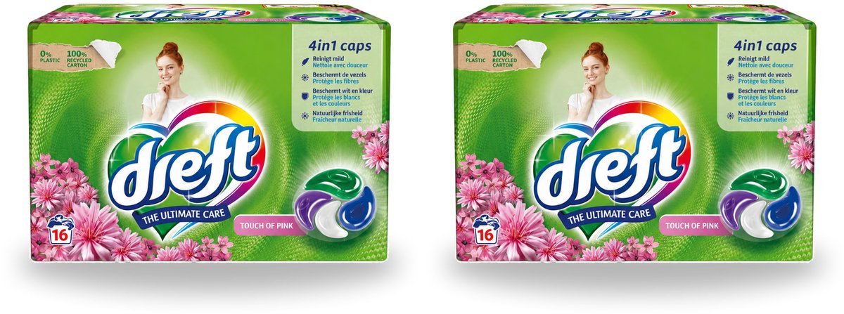 2 x Dreft - Wasmiddelcapsules - Touch of Pink - Geurige verzorging - 16 Wasbeurten - Voordeelverpakking - 2 stuks