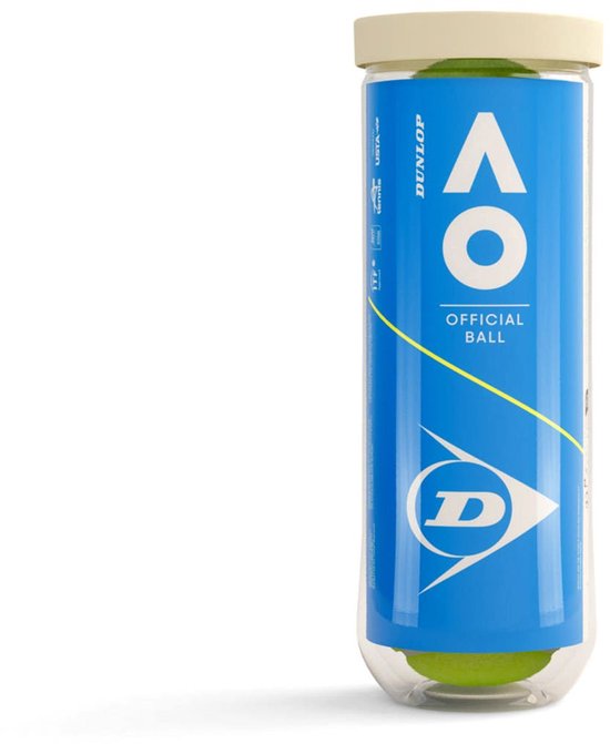 Koker met drie Dunlop Australian Open tennisballen, felgeel met blauw en geel logo.