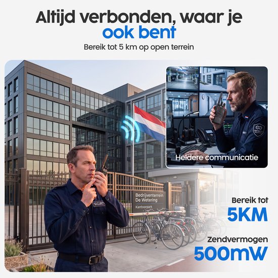 Beveiliger in donkerblauwe outfit praat in portofoon voor modern kantoorgebouw. Nederlandse vlag en zendbereik van 5 km.