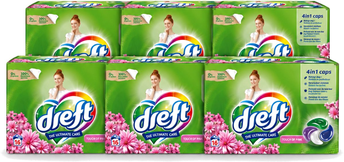 6 x Dreft - Wasmiddelcapsules - Touch of Pink - Geurige verzorging - 16 Wasbeurten - Voordeelverpakking - 6 stuks