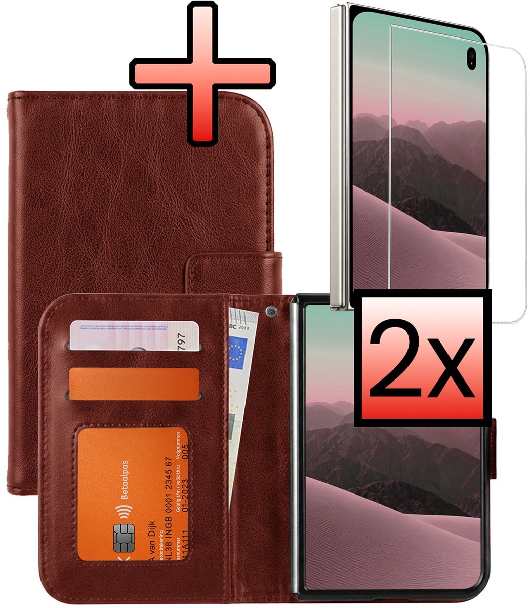 Hoesje - Met 2x Screenprotector - Geschikt voor Apple iPhone Duo - Luxe Pasjeshouder - Bookcase Portemonee - Flip Case - Kunstleer Book Case - Flipcase Hoes - Book Cover - Walletcase - Portemonneehoes - Bruin