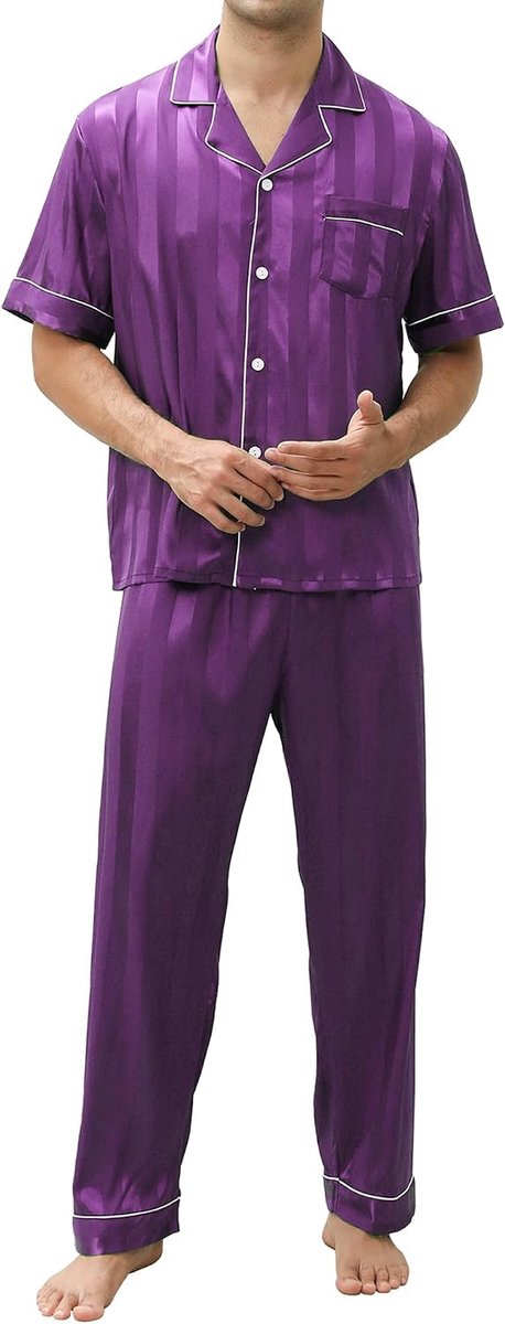 Zomerpyjama voor heren, satijn, korte mouwen, knopen en broek, elegant en licht, S-XXL
