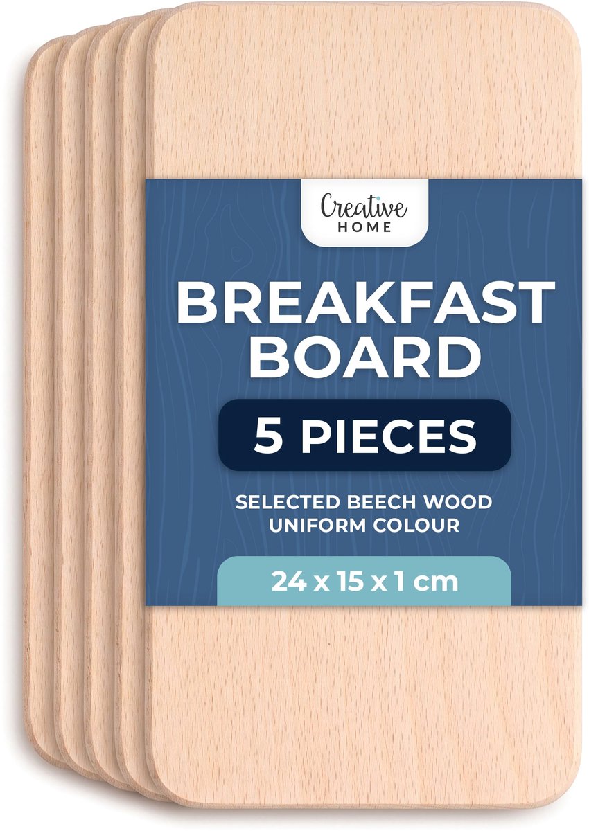 Creative Home 5-delige set lichte houten ontbijtplankjes, 24 x 15 cm, Geselecteerde houten plankjes, snijplank, omkeerbare snijplank, plankje, ontbijtplank, houten plank voor brood