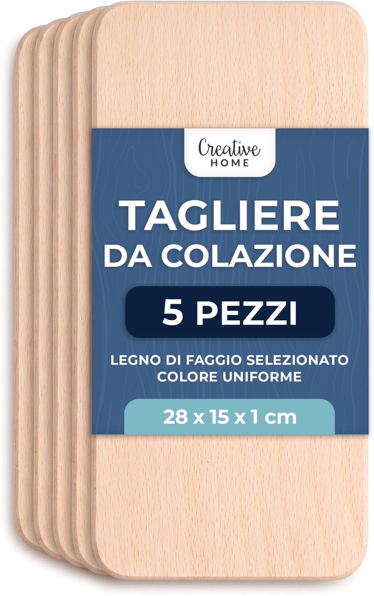 Creative Home 5-delige set lichte houten ontbijtplankjes, 28 x 15 cm, Geselecteerde houten plankjes, snijplank, omkeerbare snijplank, ontbijtplank, houten plank voor brood, vlees en groenten