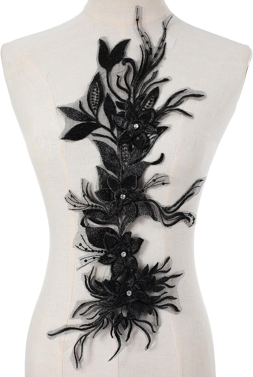 Kanten applicatie, zwarte 3D bloem kralen geborduurde applicaties stof vintage bloem stickers voor bruiloft bruidsjurk kleding doe-het-zelf ambachten jassen jeans decor