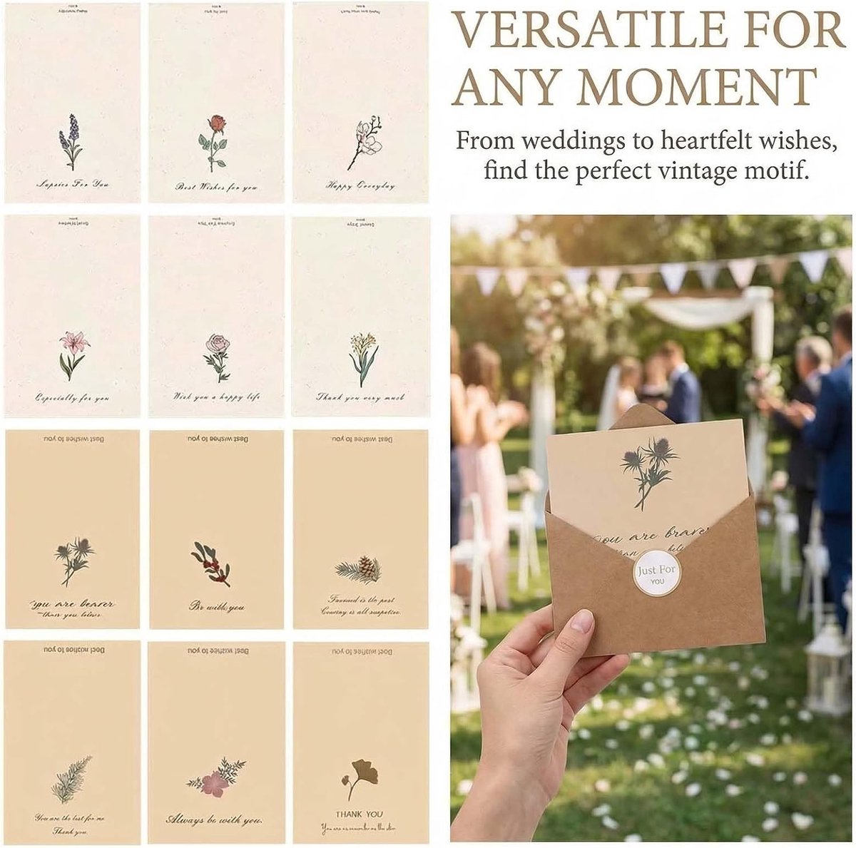 Wenskaartenset met envelop, set van 12 verjaardagskaarten, wenskaarten, bloemen, uitnodigingskaarten, blanco, bloemenkaarten, wenskaart voor verjaardag, bruiloft, Kerstmis, jubileum