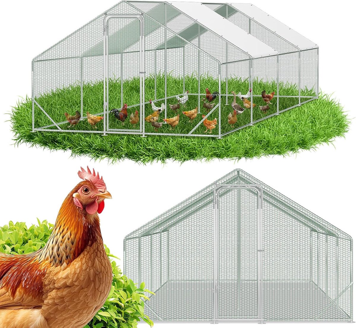 Buitenren XXXL, 3 x 8 x 2 m, met slot, dierenhok, verzinkt staal, kippenhok, buitenren voor kippenkooi en kleine dieren