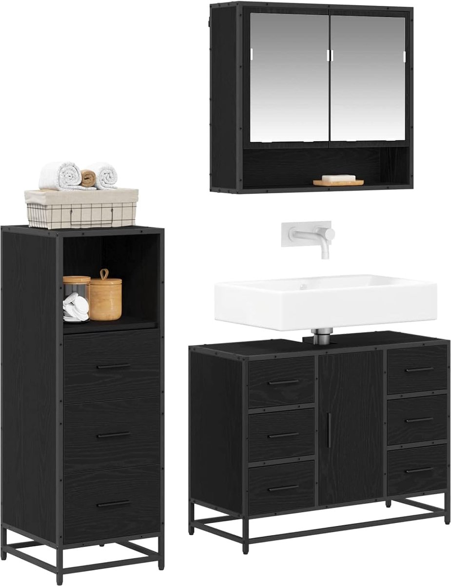 Badkamermeubelset, 3-delig, zwart, eikenlook, houtmateriaal, spiegelkast, wastafelonderkast, hoge badkamerkast, wandmontage, modern design