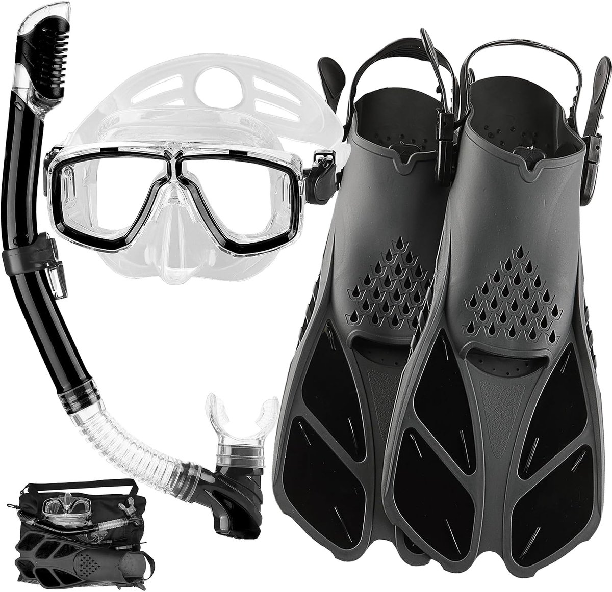 Snorkelset voor volwassenen met zwemvliezen, snorkeluitrusting in reisformaat met korte verstelbare zwemvliezen, hoogwaardig duikmasker en Dry Top snorkel, met draagtas, HH