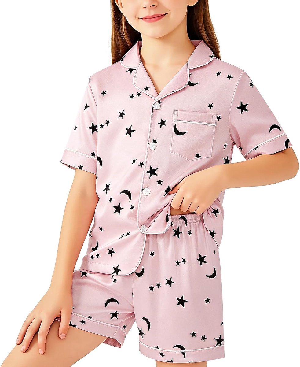 Jongens Satijnen pyjama-set Kinderen Kort bovenstuk en elastische tailleband Broek 2-delige nachtkleding Zacht Licht Knoopsluiting Pyjama Alledaagse loungekleding voor leeftijd 8-13