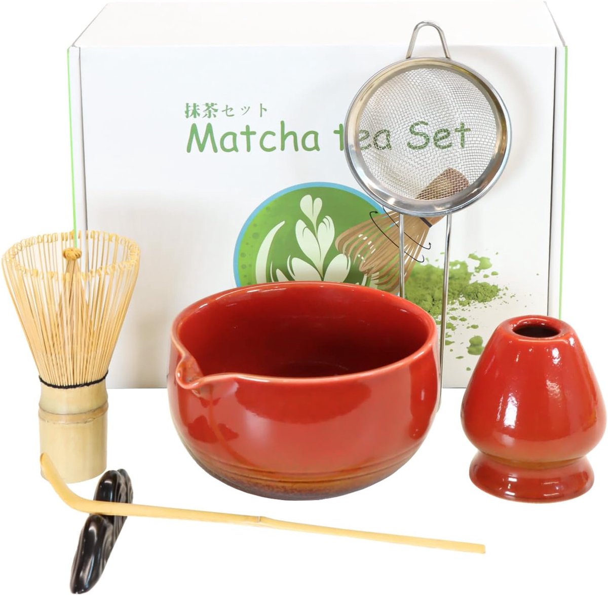 Set 7-delige Premium Matcha Tea Set met Matcha Kom met schenktuit en bamboe Chasen (100+ punten), houder, lepel, zeef, zakdoek, complete ceremoniële matcha starterset (Rood)