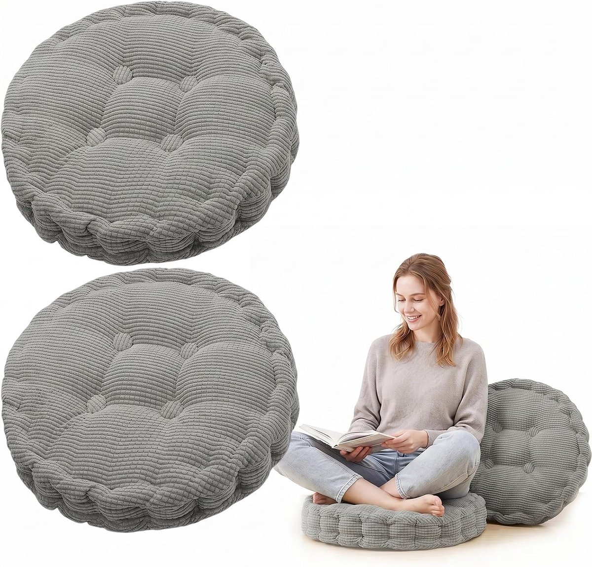 Set van 2 ronde stoelkussens, 40 x 40 cm, dik vloerkussen, zitkussen voor binnen en buiten, kussens voor zitkussen, stoel, stoelkussen, tuinstoelen voor eetkamer, woonkamer, lichtgrijs