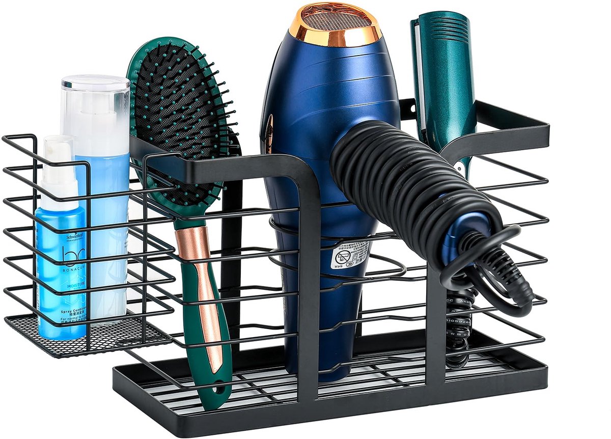 Haarföhnhouder wandmontage - roestvrij staal - organizer voor haartools - opbergruimte voor borstels en stylingtools
