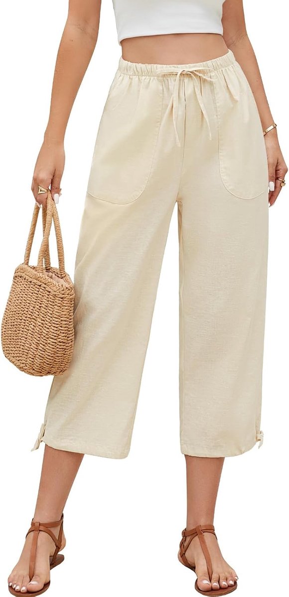 Zomerbroek voor dames, 7/8, baggy, casual, losse linnen broek, comfortabele lichte vrijetijdsbroek, losse stretchband, strandbroek met zakken