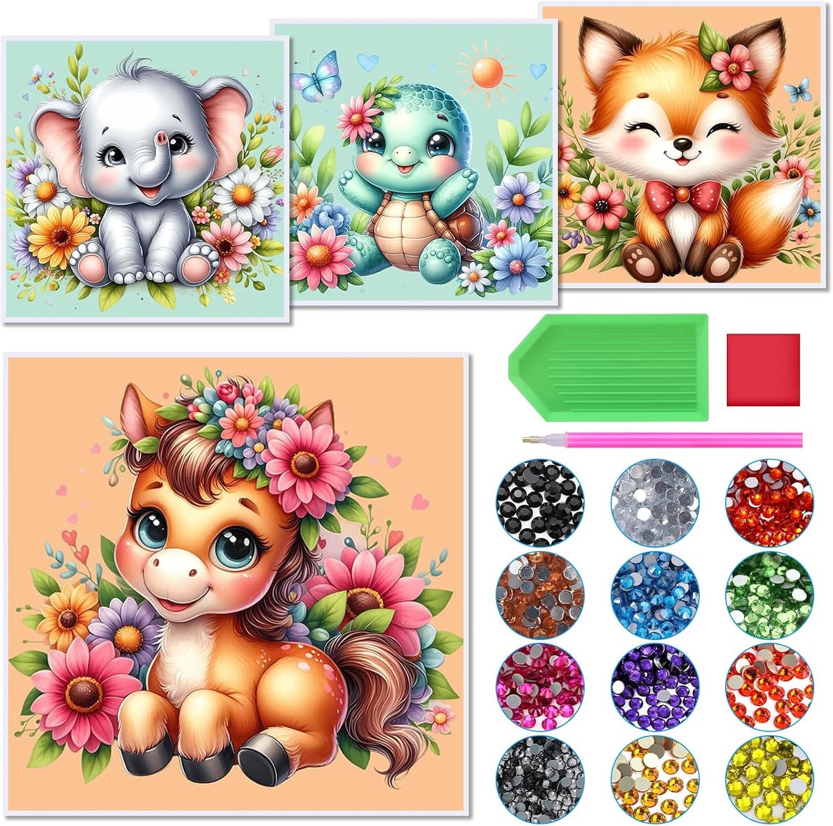 Set van 4 diamantkunstkits, dieren diamant schilderijkits voor beginners, diamantkristallen kunst mozaïeksets, strass edelsteen kunst ambacht woondecoratie 15,5 x 15,5 cm