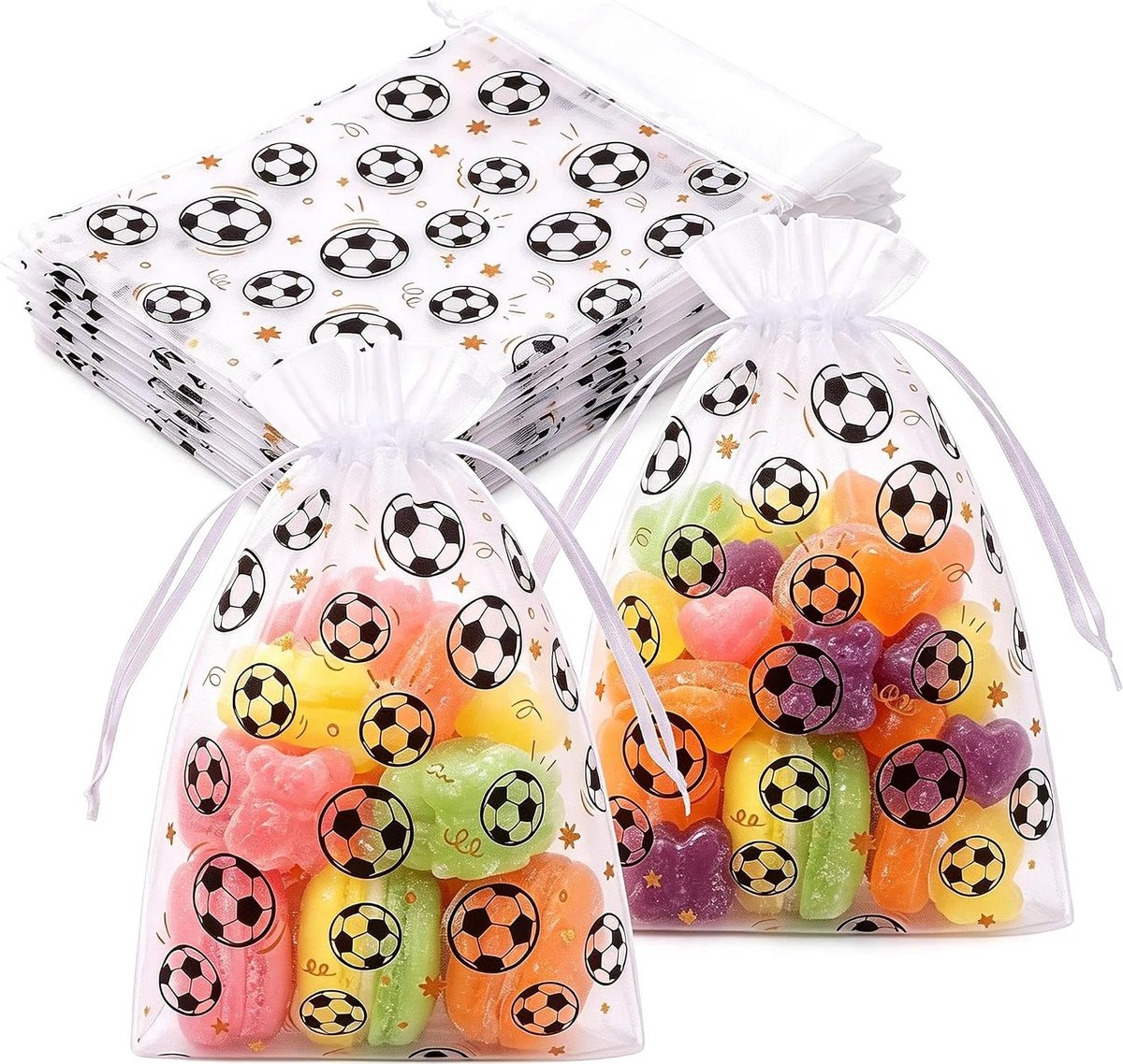 Cadeautasjes, kinderverjaardag, voetbalfeest, gastgeschenkzakjes, transparante organzazakjes met voetbalmotief, zijden trekkoord voor eenvoudig vullen