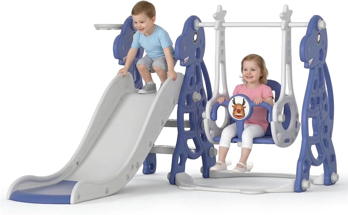 Kinderen Vrije Staande Glijbaan Speelgoed Glijbaan met Basketbal Hoepel en Schommel voor Binnen en Buiten Kinderglijbaan Tuinschuif Plastic Kleuterglijbaan voor 1-6 jaar (175x40x105cm)