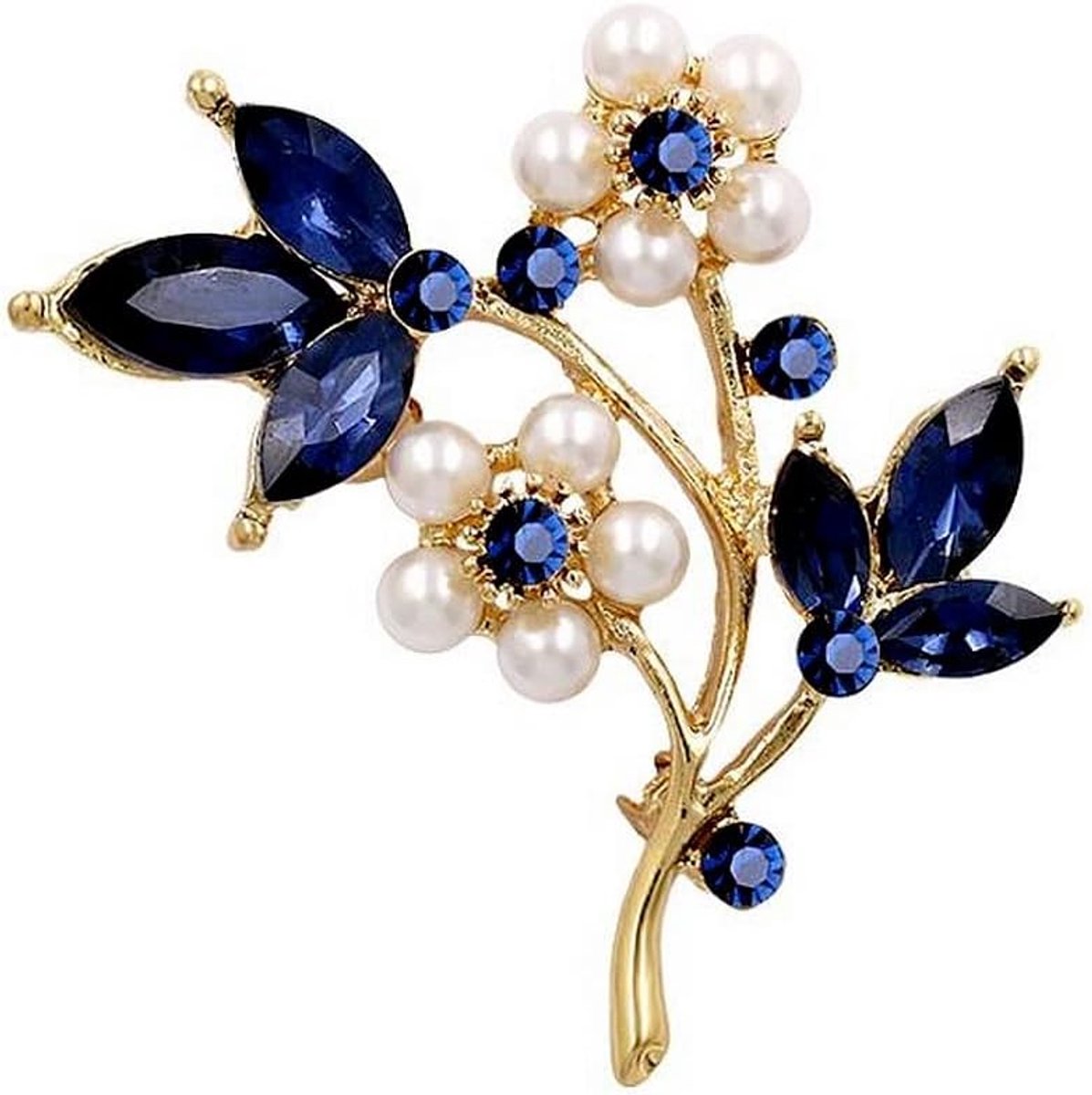 Broche sieraden bloem kristal blauw & parels parelmoer goud staal, 4,5 x 4 cm, Roestvrij staal
