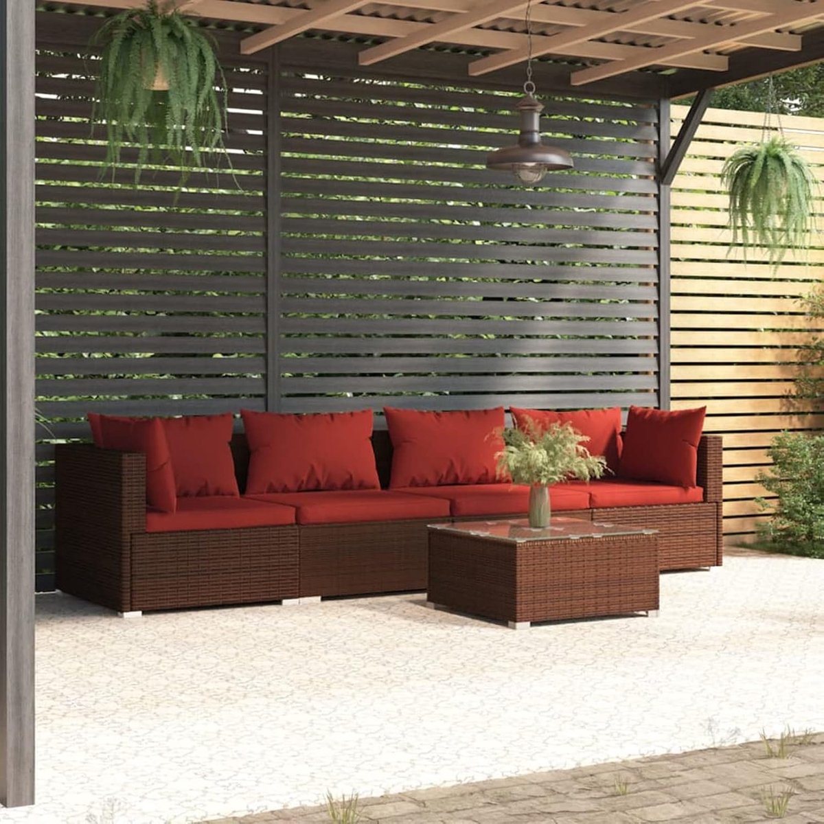 Kruk bank tuin outdoor banken set tuinmeubelen 5-delig en kussen polyrotan bruin stoel tuin outdoor