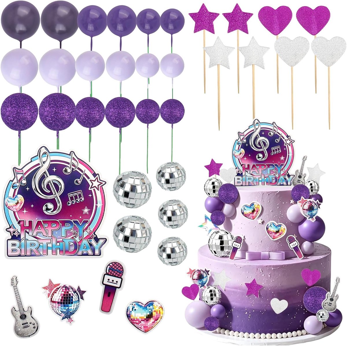 40 taartdecoraties, discobal, taarttopper, paars