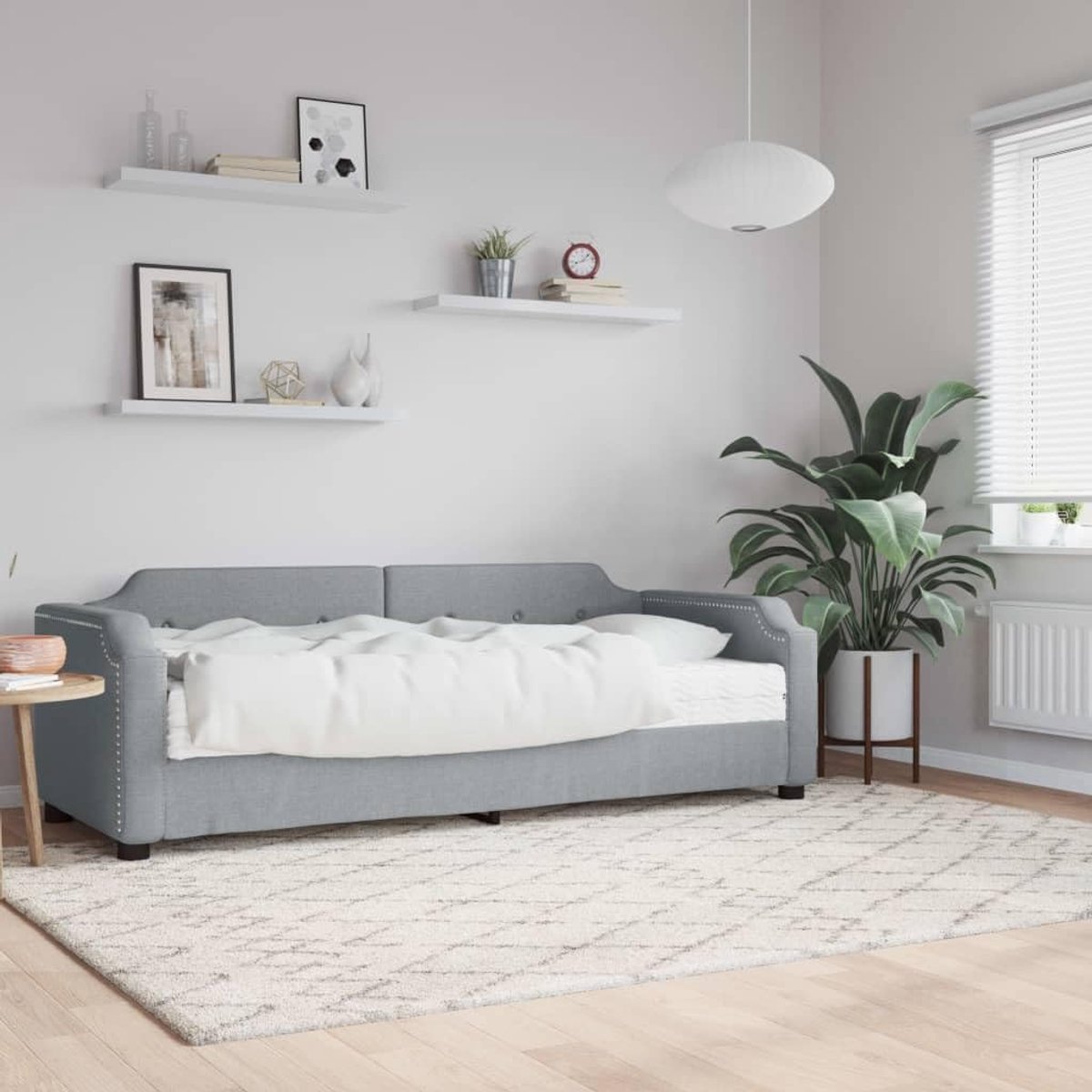 Bedframe met matras, lichtgrijs, 80 x 200 cm, stof, hotelbedframe, voor slaapkamer, woonkamer, slaapkamer