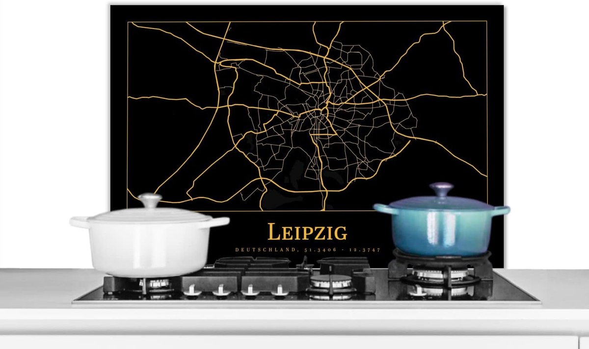 Spatscherm Keuken - 80x55 cm - Kaart - Leipzig - Goud - Zwart - Simpel