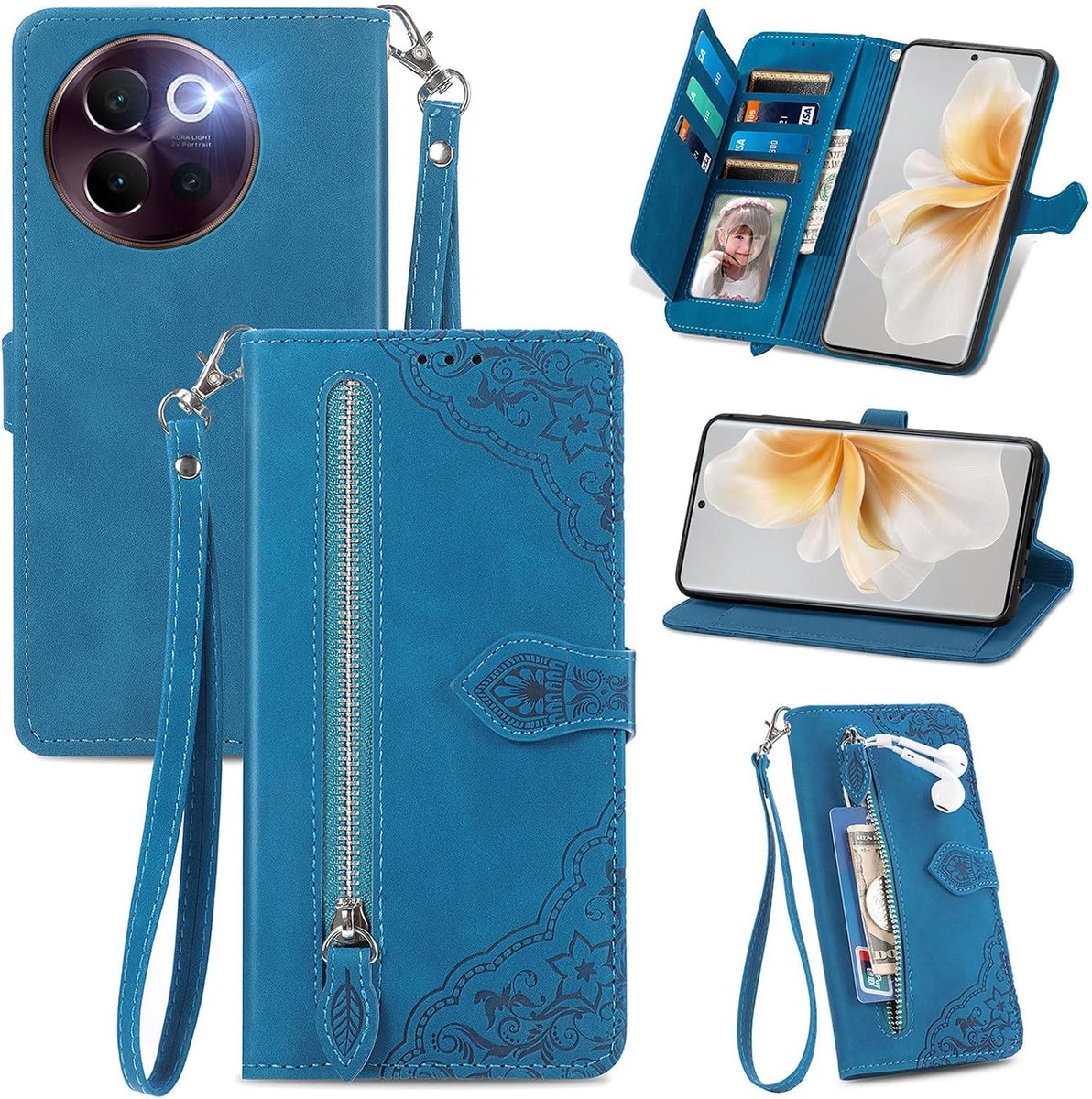 Hoes voor VIVO V40 lite, standfunctie lederen telefoonhoes met grote capaciteit magnetische sluiting kaartsleuven compatibel met VIVO V40 lite - Blauw