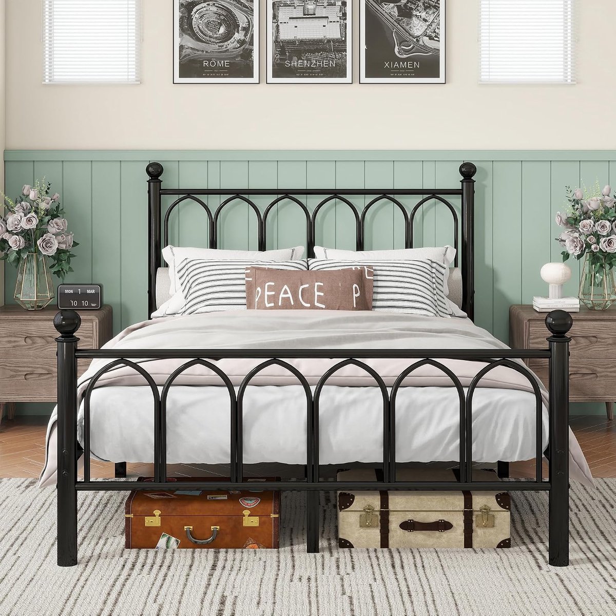 Metalen bedframe met lattenbodem, tweepersoonsbed/eenpersoonsbed, bedframe met hoofdeinde en voeteneinde, logeerbed voor slaapkamer, logeerkamer, ruisvrij, zwart