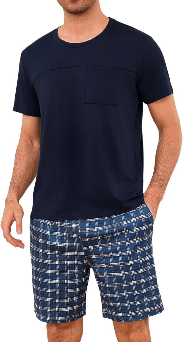 Pyjama voor heren, van katoen met contrasterende strepen, zomerpyjamaset, bovendeel en korte broek, vader en partner, groen, L