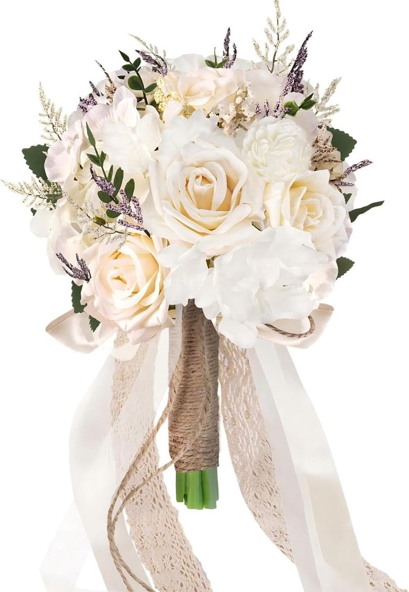 Trouwboeketten voor bruid en bruidsmeisjes, witte kunstrozen, bloemen, bruiloftsdecoratie (champagne, 21 cm)