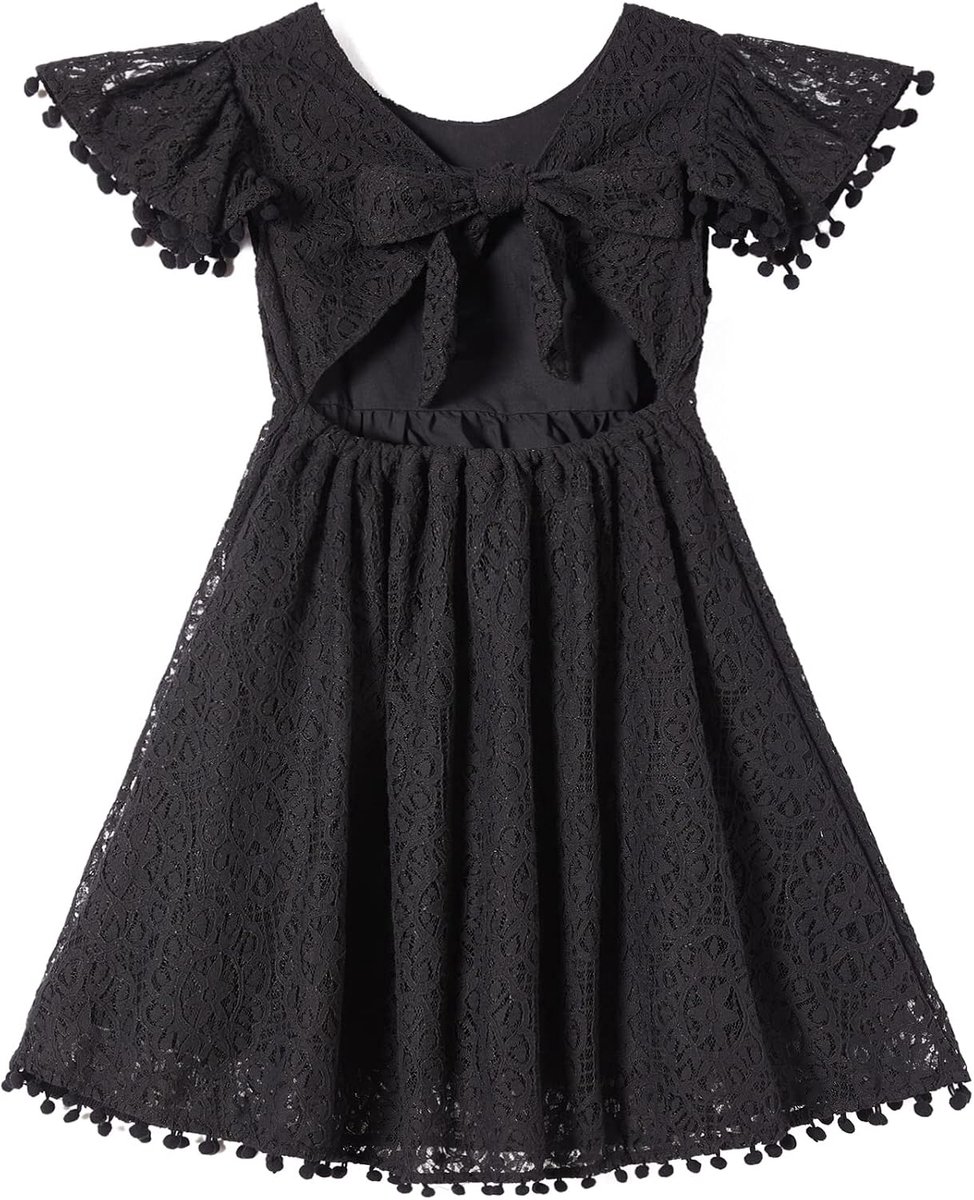 Feestjurk voor meisjes, binding naar achteren voor kleine kinderen, kant, rugvrije strik, pompons, fladdermouwen, prinsessenjurk