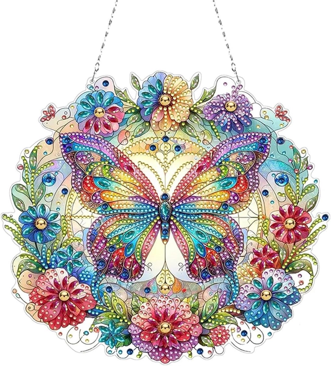 Diamond Painting vlinderslinger met ketting, raamafbeeldingen, windspel, deurkrans, wanddecoratie, lente, voor kinderen en volwassenen, raam, muur en entree