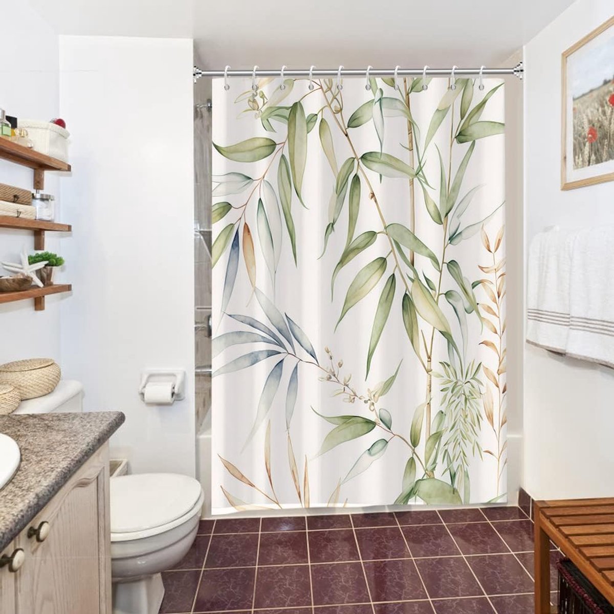 Douchegordijn, 150 x 180 cm, antischimmel, bamboe, groene bladeren, blauw, geel, plantenmotief, douchegordijnen, stof, wasbaar, waterdicht, polyester, badgordijn met 10 haken, voor badkamer